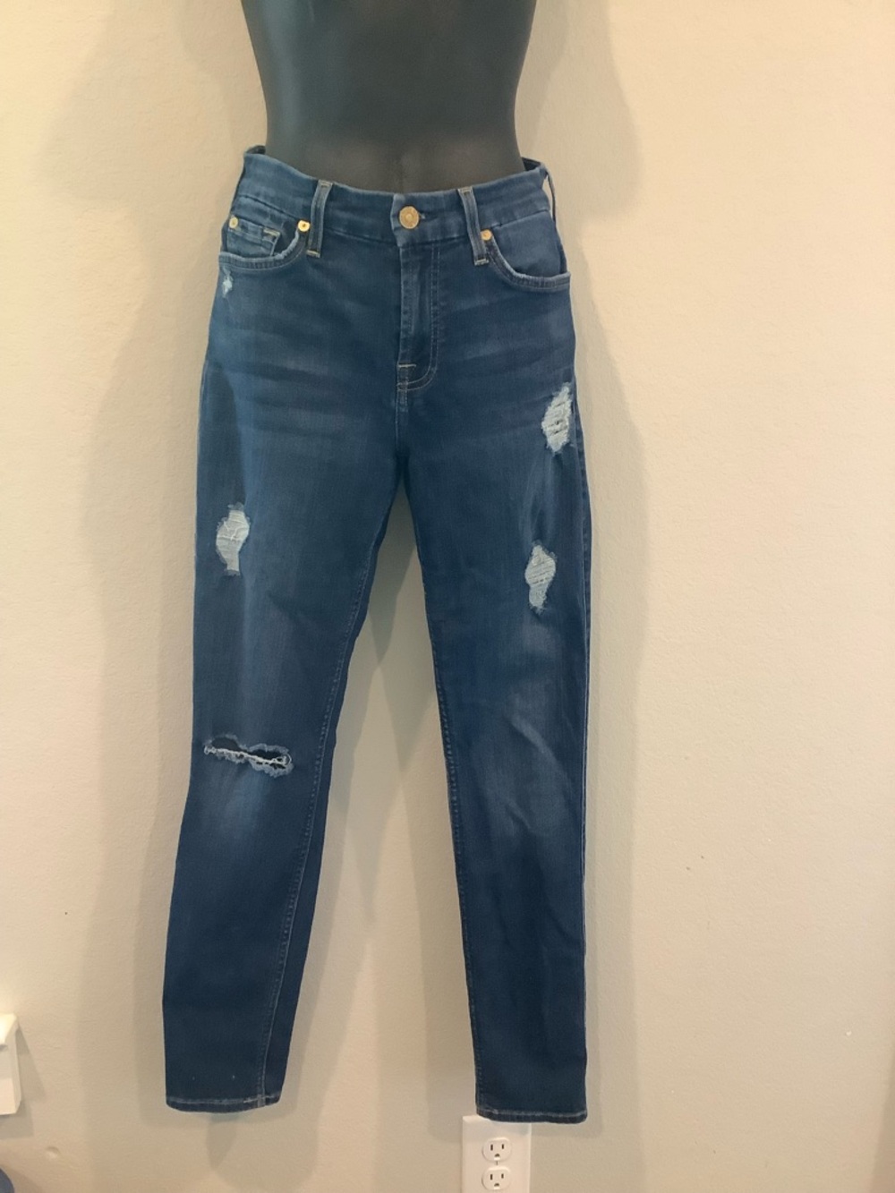7 For All Mankind Distressed Dark Blue Skinny Jeans